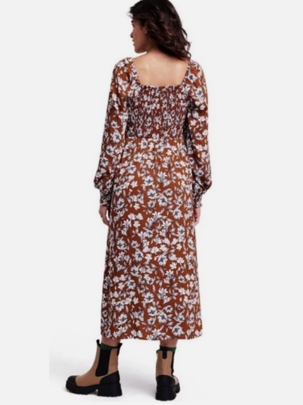 2/$15: La Ligne Brown Floral Square-Neck Midi Dress - Picture 2 of 5